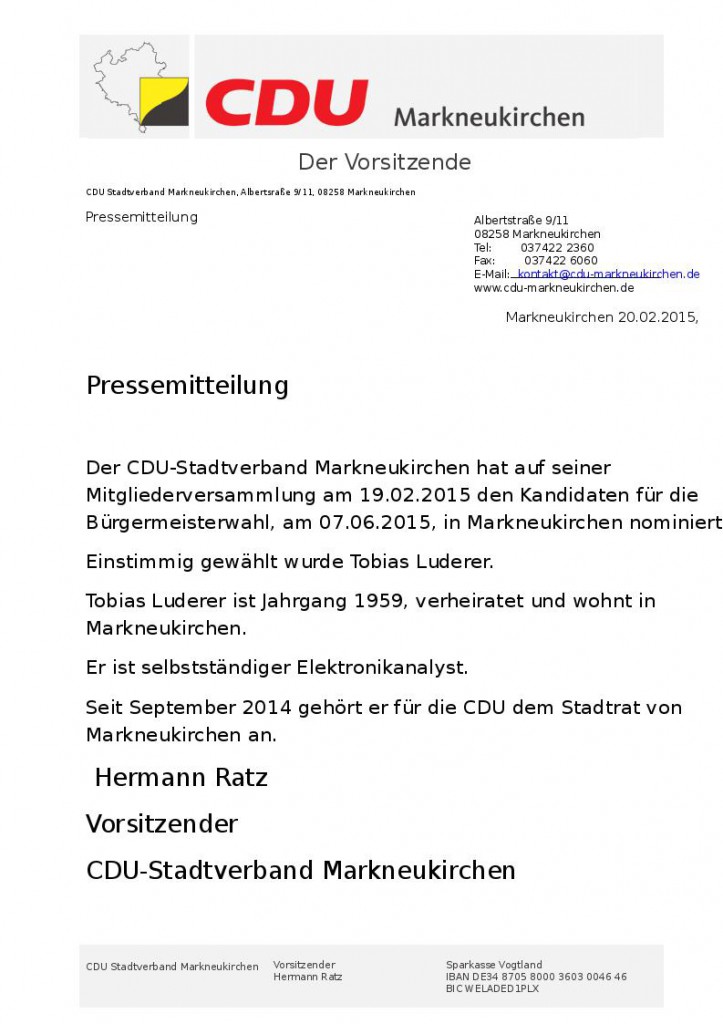 Bürgermeisterwahl 2015 in Markneukirchen Pressemitteilung