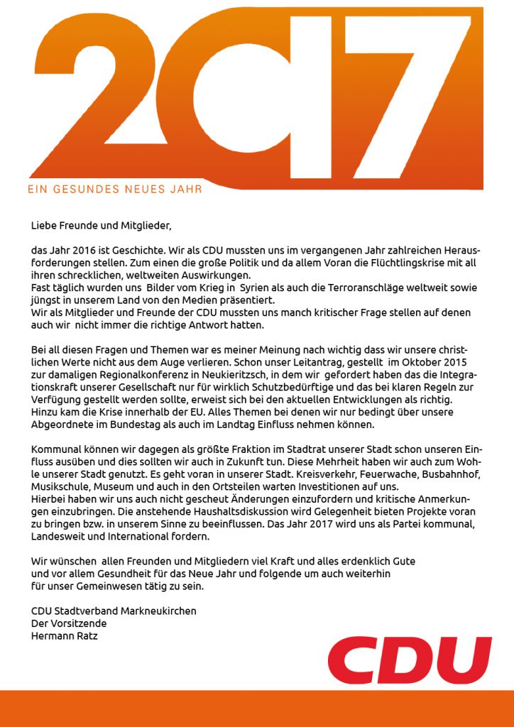 CDU Neujahrsbrief 2017 Markneukirchen